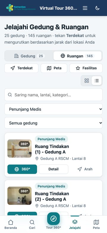 Jelajahi ruangan per kategori — tampilan ponsel
